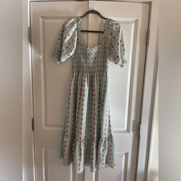 Hill House Women’s Mint Green Midi Dress with Red Floral Print - Picture 2 of 4